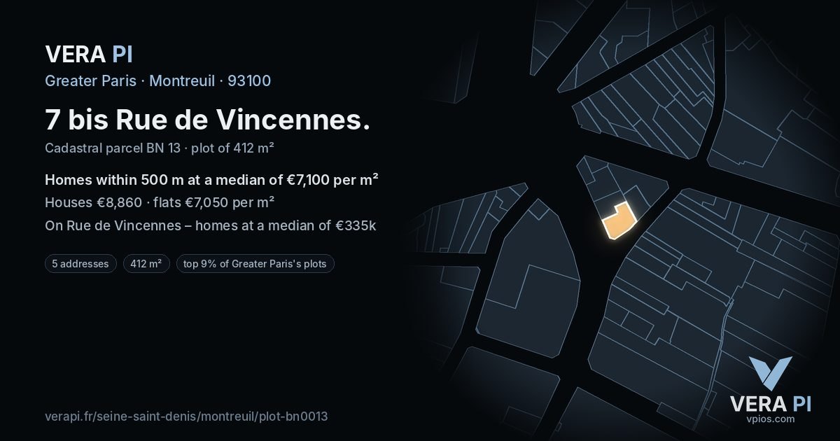 7 bis Rue de Vincennes, Montreuil at night – the plot lit, the parcels around coloured by the prices near them