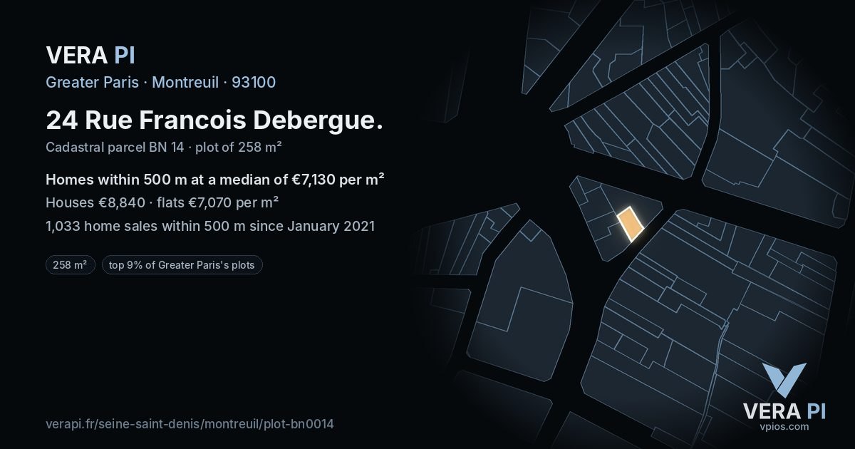 24 Rue Francois Debergue, Montreuil at night – the plot lit, the parcels around coloured by the prices near them