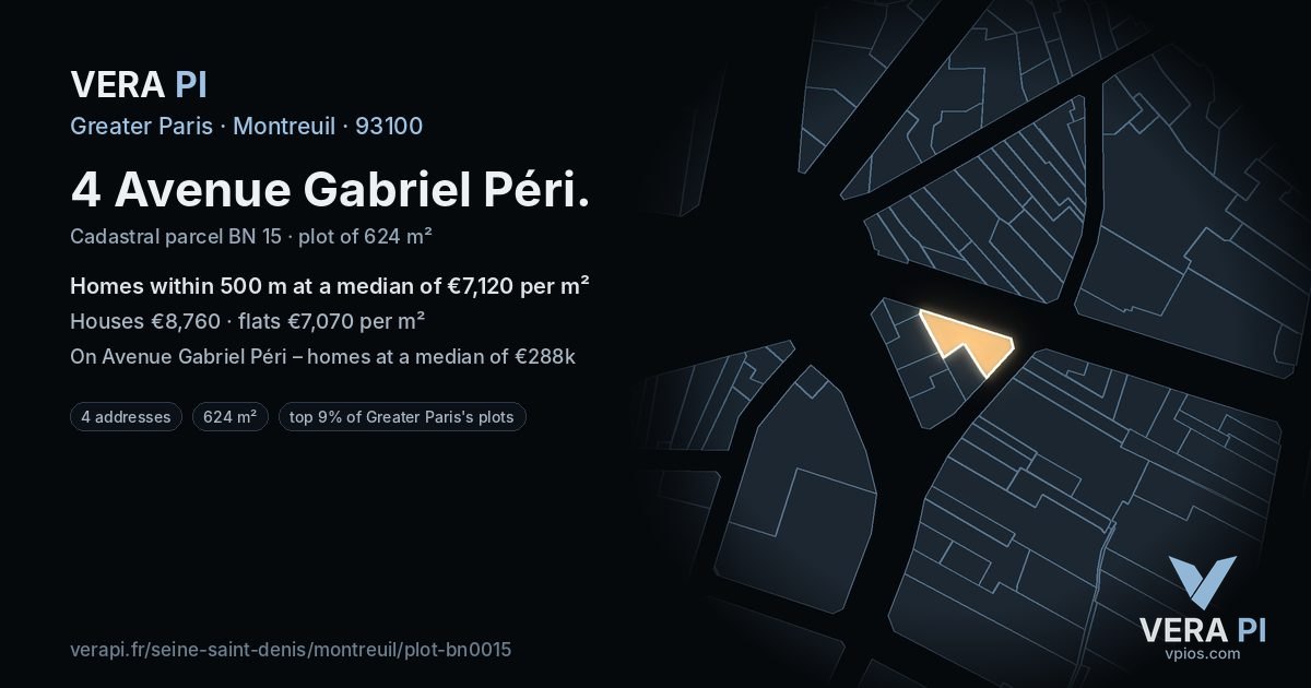 4 Avenue Gabriel Péri, Montreuil at night – the plot lit, the parcels around coloured by the prices near them
