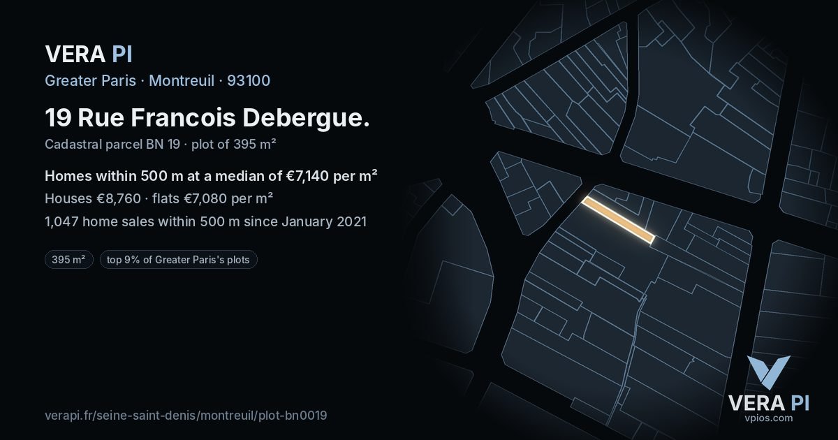 19 Rue Francois Debergue, Montreuil at night – the plot lit, the parcels around coloured by the prices near them