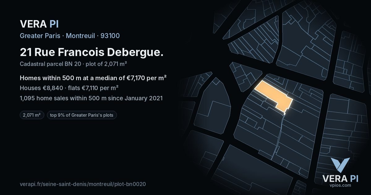 21 Rue Francois Debergue, Montreuil at night – the plot lit, the parcels around coloured by the prices near them