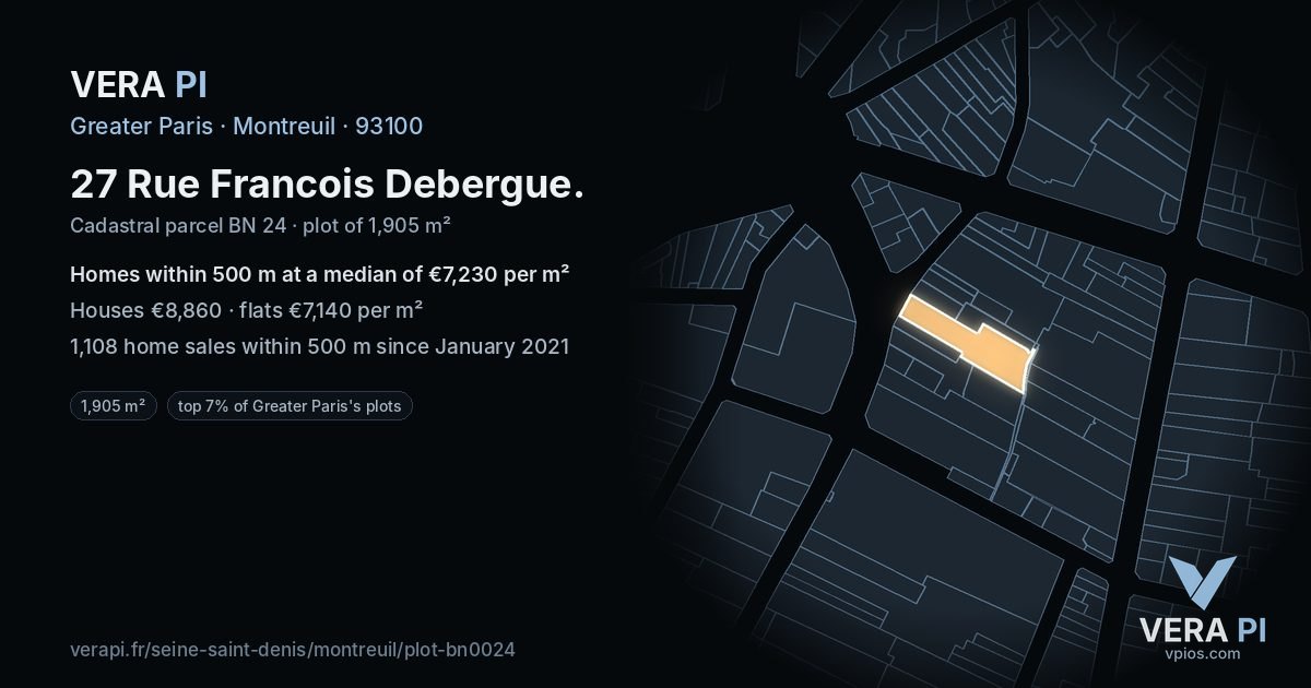 27 Rue Francois Debergue, Montreuil at night – the plot lit, the parcels around coloured by the prices near them
