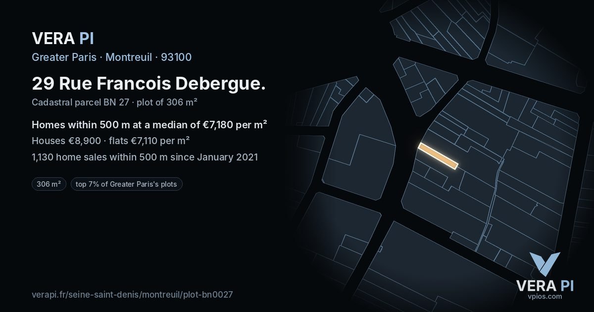 29 Rue Francois Debergue, Montreuil at night – the plot lit, the parcels around coloured by the prices near them