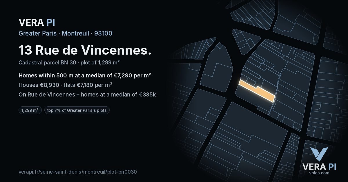 13 Rue de Vincennes, Montreuil at night – the plot lit, the parcels around coloured by the prices near them