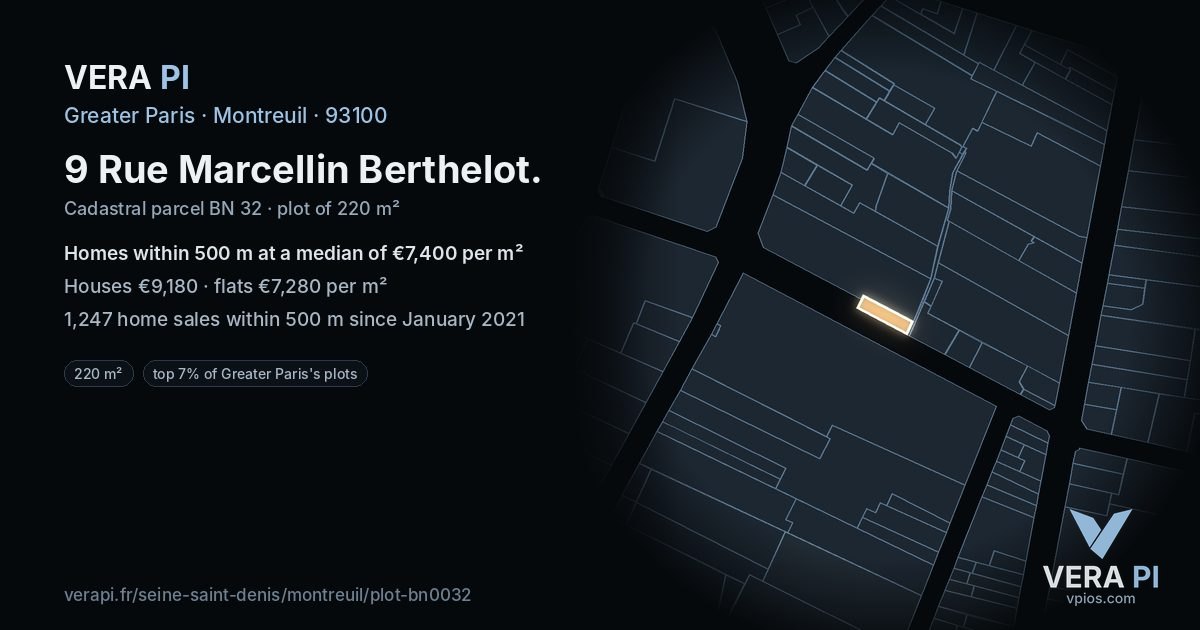 9 Rue Marcellin Berthelot, Montreuil at night – the plot lit, the parcels around coloured by the prices near them