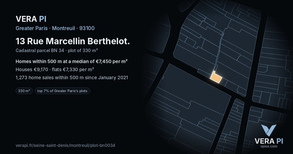 13 Rue Marcellin Berthelot, Montreuil at night – the plot lit, the parcels around coloured by the prices near them