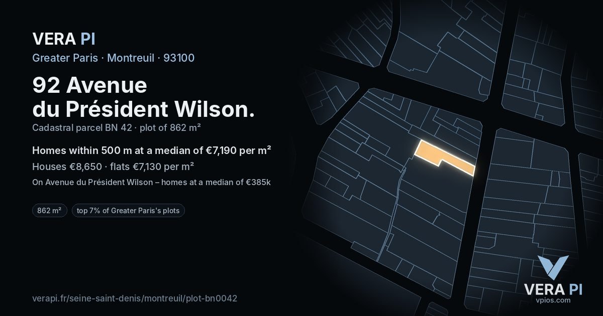 92 Avenue du Président Wilson, Montreuil at night – the plot lit, the parcels around coloured by the prices near them