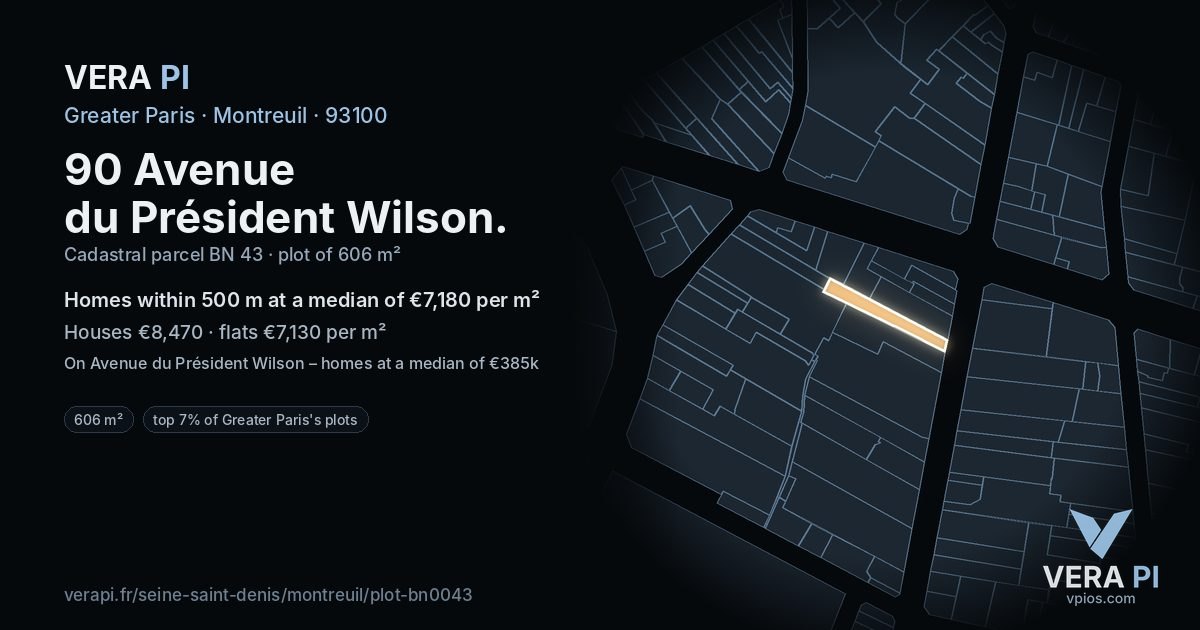 90 Avenue du Président Wilson, Montreuil at night – the plot lit, the parcels around coloured by the prices near them
