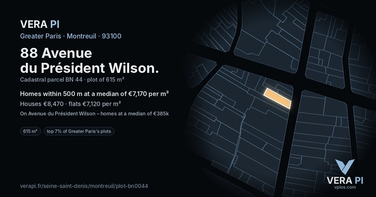 88 Avenue du Président Wilson, Montreuil at night – the plot lit, the parcels around coloured by the prices near them