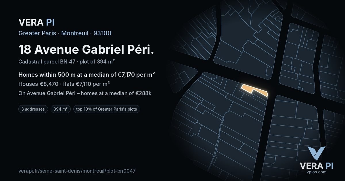 18 Avenue Gabriel Péri, Montreuil at night – the plot lit, the parcels around coloured by the prices near them