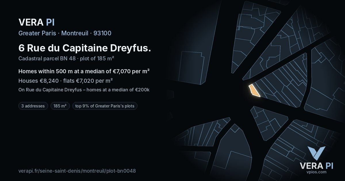 6 Rue du Capitaine Dreyfus, Montreuil at night – the plot lit, the parcels around coloured by the prices near them