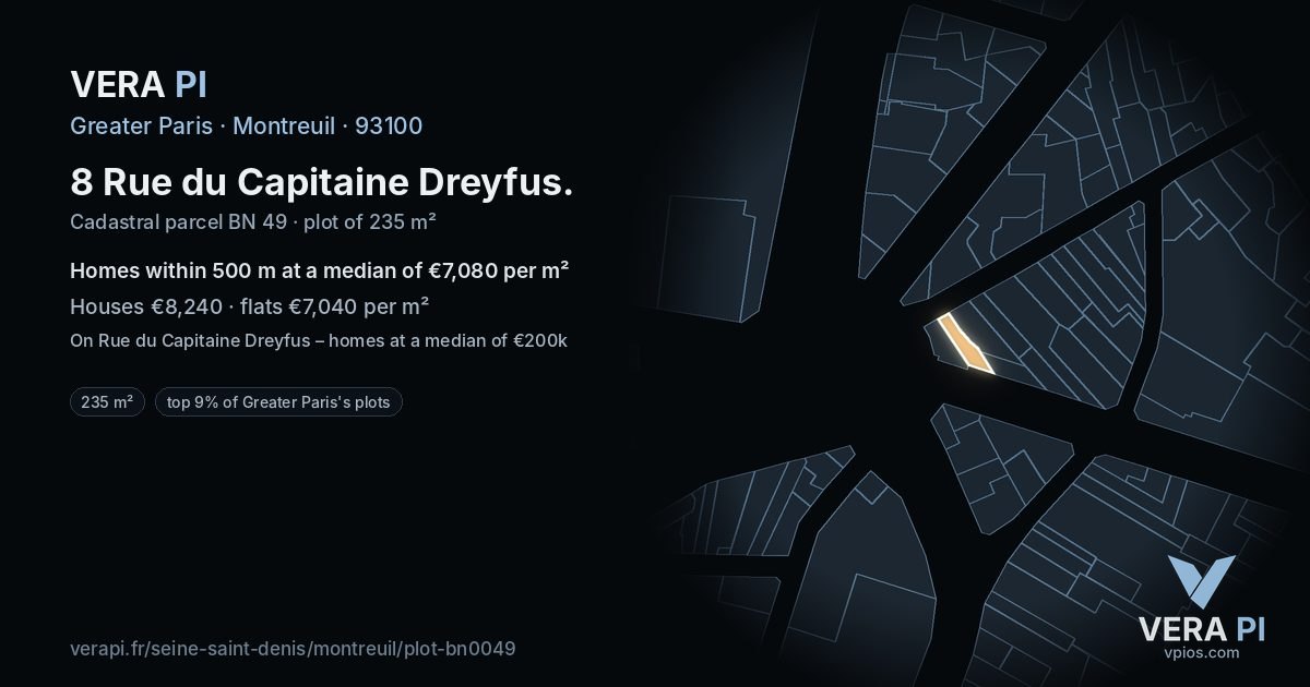 8 Rue du Capitaine Dreyfus, Montreuil at night – the plot lit, the parcels around coloured by the prices near them