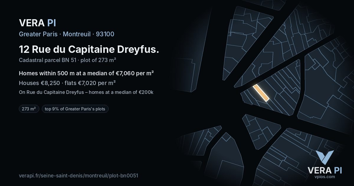 12 Rue du Capitaine Dreyfus, Montreuil at night – the plot lit, the parcels around coloured by the prices near them