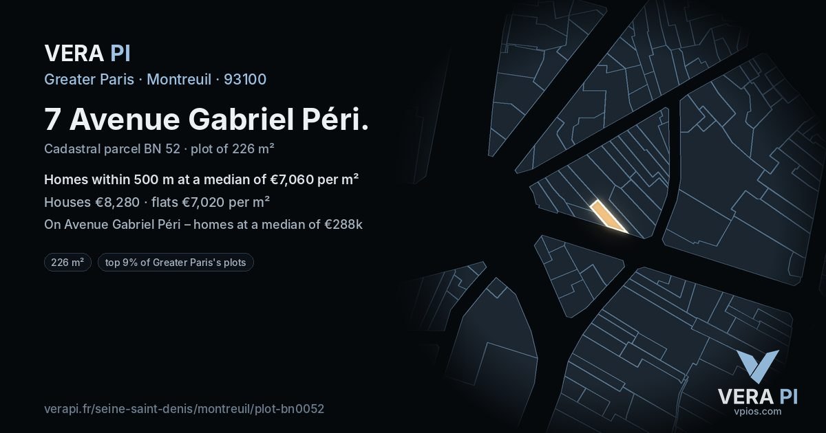 7 Avenue Gabriel Péri, Montreuil at night – the plot lit, the parcels around coloured by the prices near them