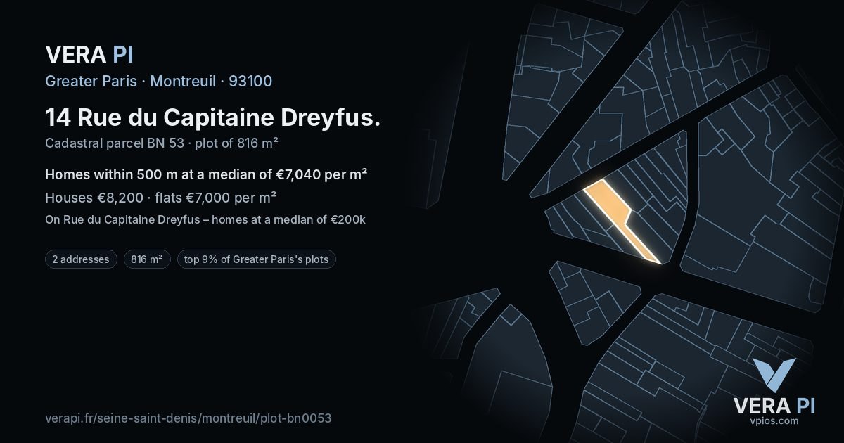 14 Rue du Capitaine Dreyfus, Montreuil at night – the plot lit, the parcels around coloured by the prices near them