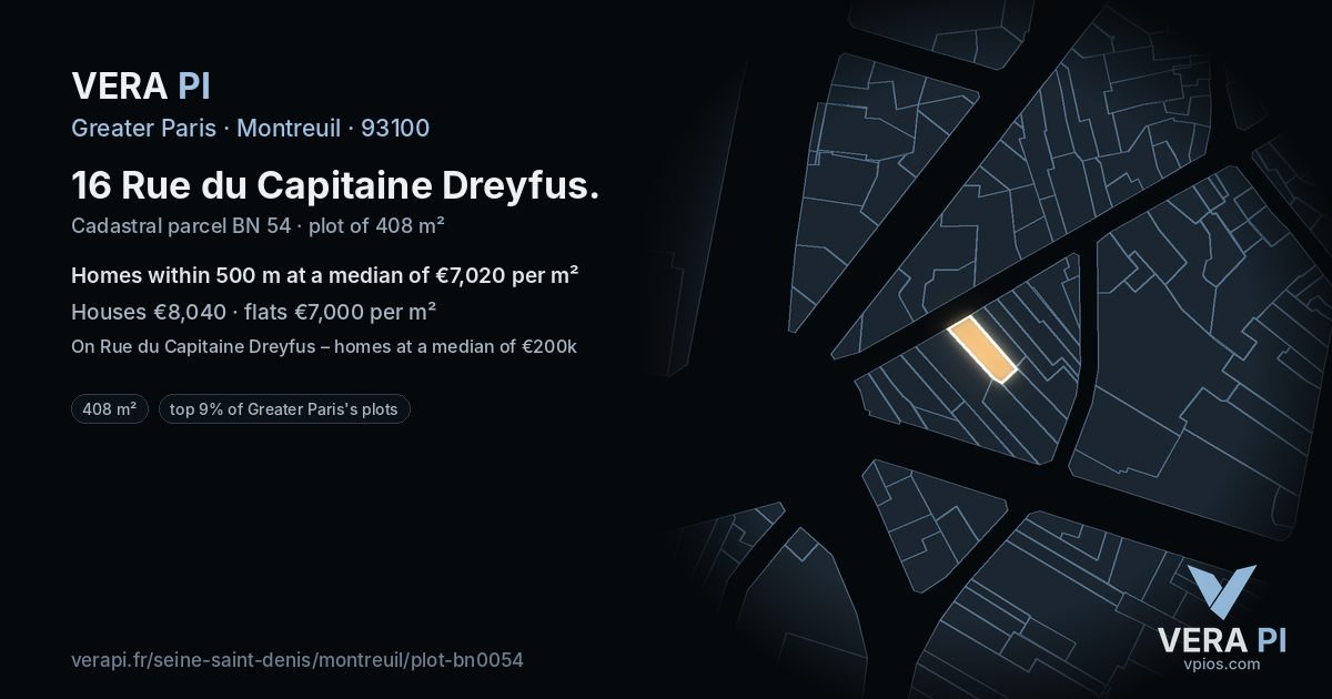16 Rue du Capitaine Dreyfus, Montreuil at night – the plot lit, the parcels around coloured by the prices near them