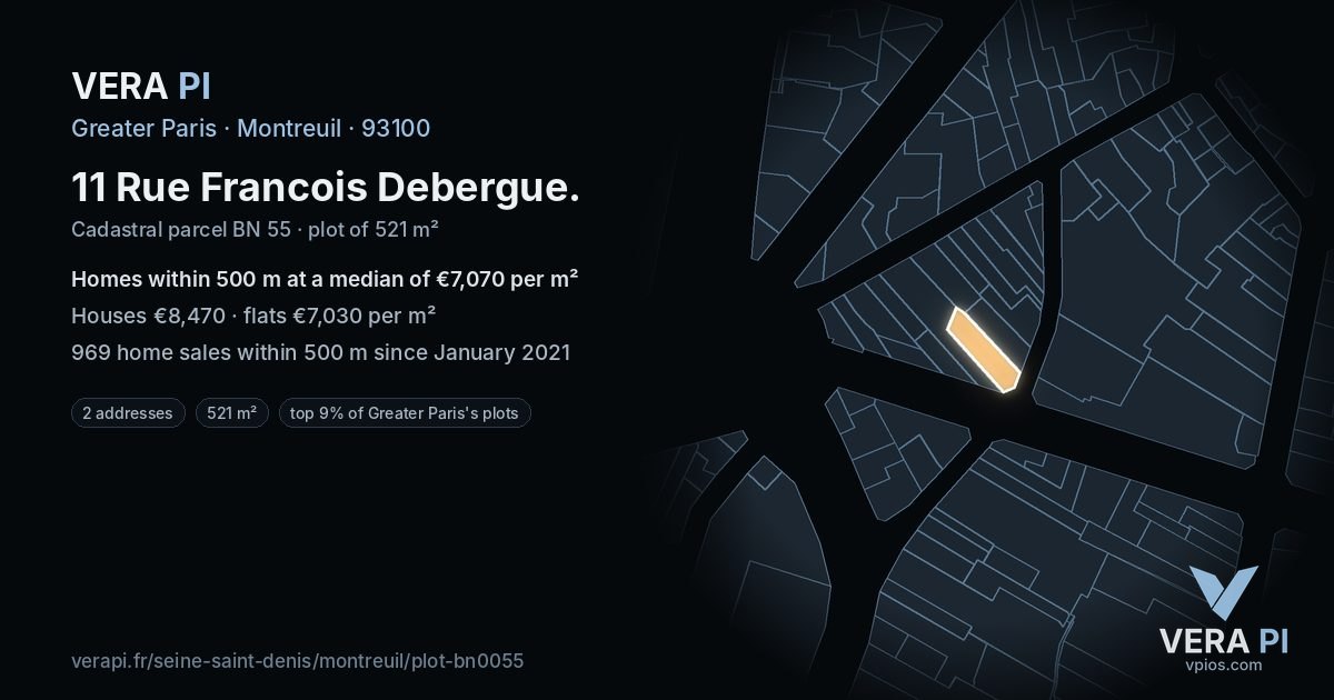 11 Rue Francois Debergue, Montreuil at night – the plot lit, the parcels around coloured by the prices near them