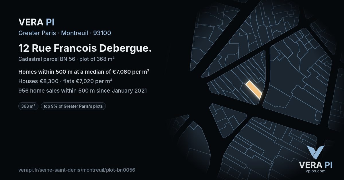 12 Rue Francois Debergue, Montreuil at night – the plot lit, the parcels around coloured by the prices near them