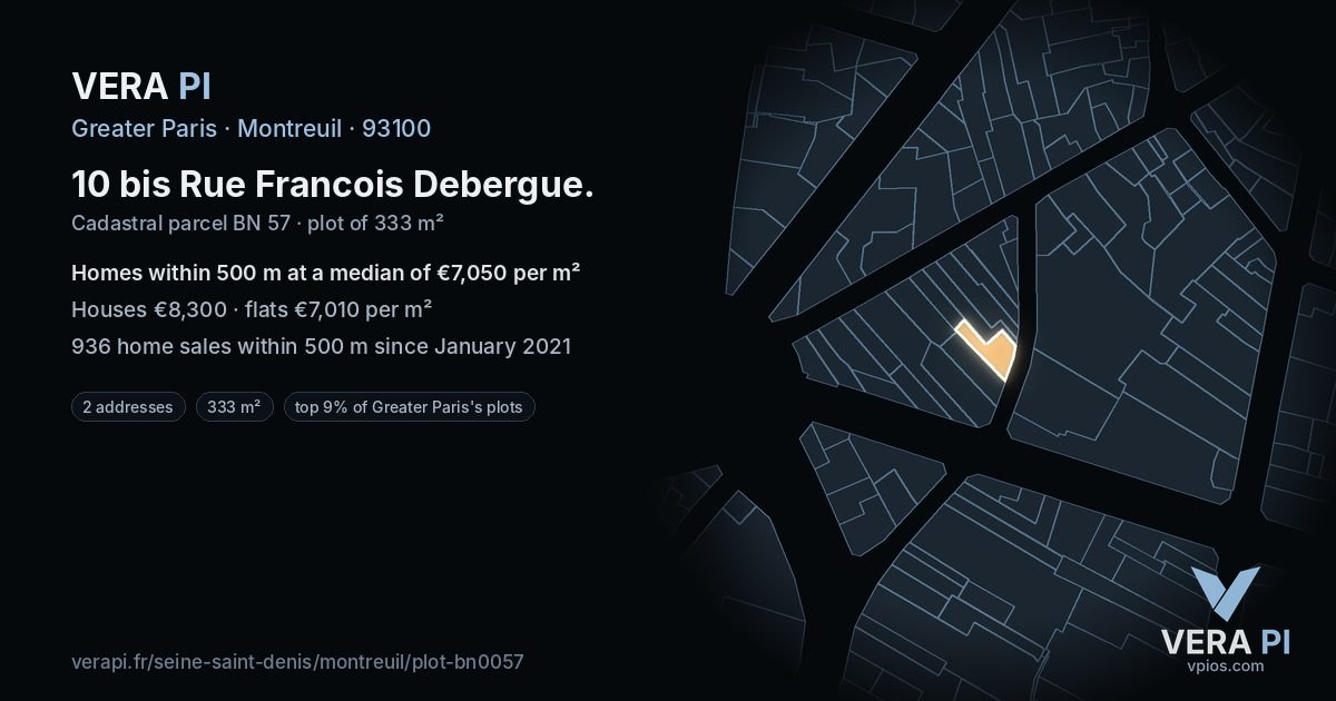 10 bis Rue Francois Debergue, Montreuil at night – the plot lit, the parcels around coloured by the prices near them
