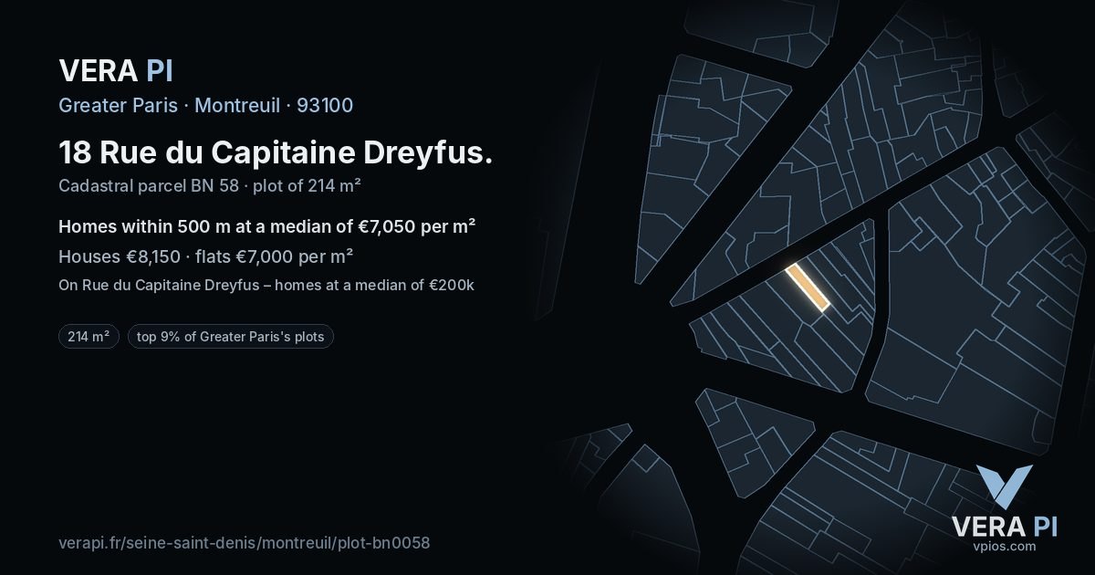 18 Rue du Capitaine Dreyfus, Montreuil at night – the plot lit, the parcels around coloured by the prices near them