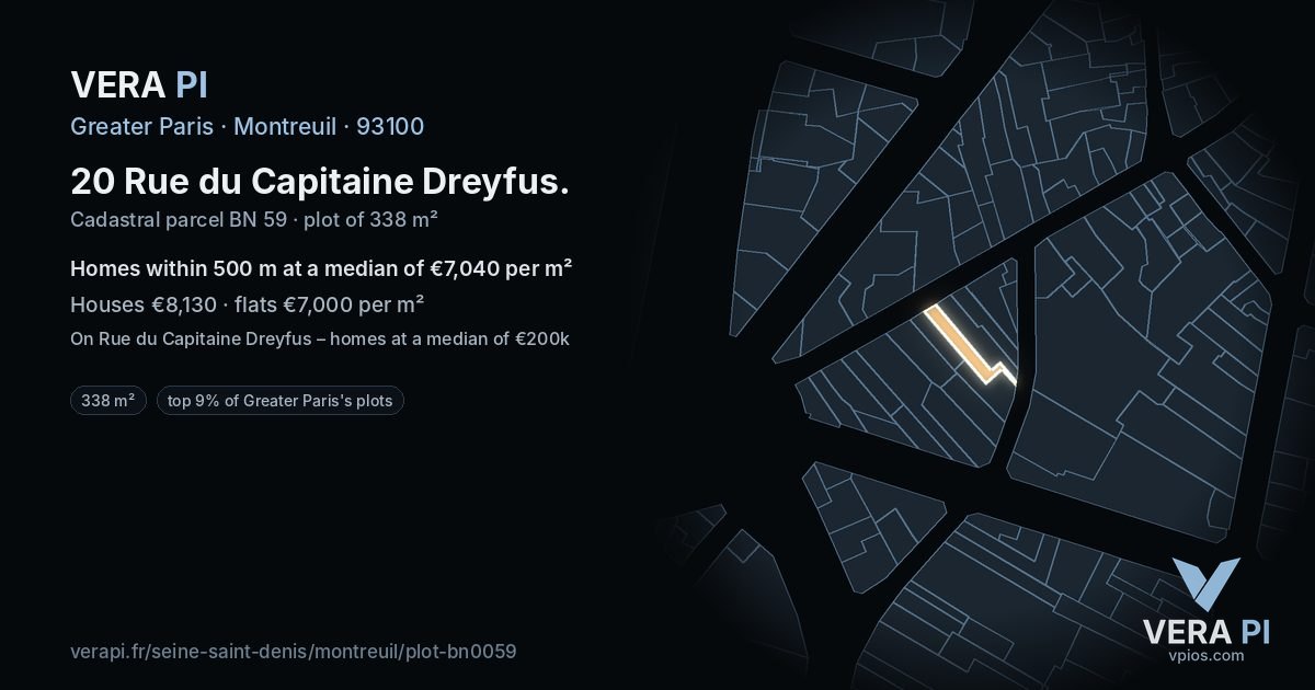 20 Rue du Capitaine Dreyfus, Montreuil at night – the plot lit, the parcels around coloured by the prices near them