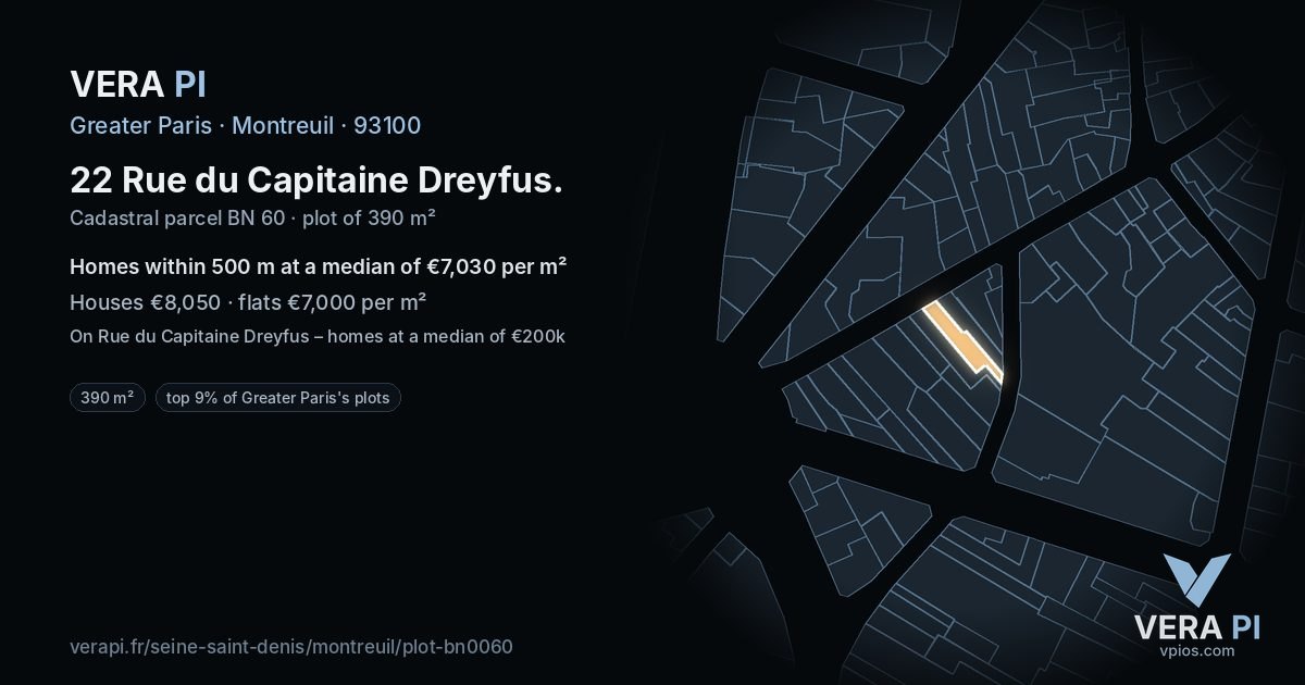 22 Rue du Capitaine Dreyfus, Montreuil at night – the plot lit, the parcels around coloured by the prices near them
