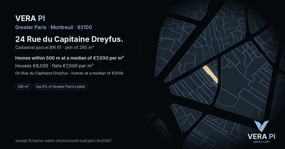 24 Rue du Capitaine Dreyfus, Montreuil at night – the plot lit, the parcels around coloured by the prices near them