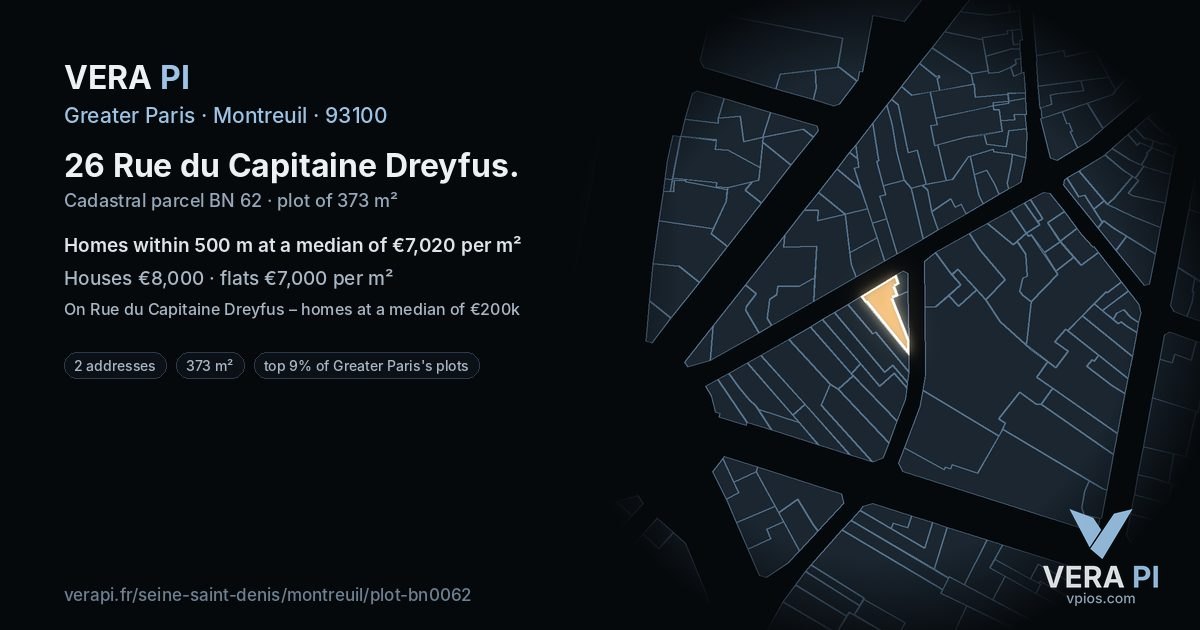 26 Rue du Capitaine Dreyfus, Montreuil at night – the plot lit, the parcels around coloured by the prices near them