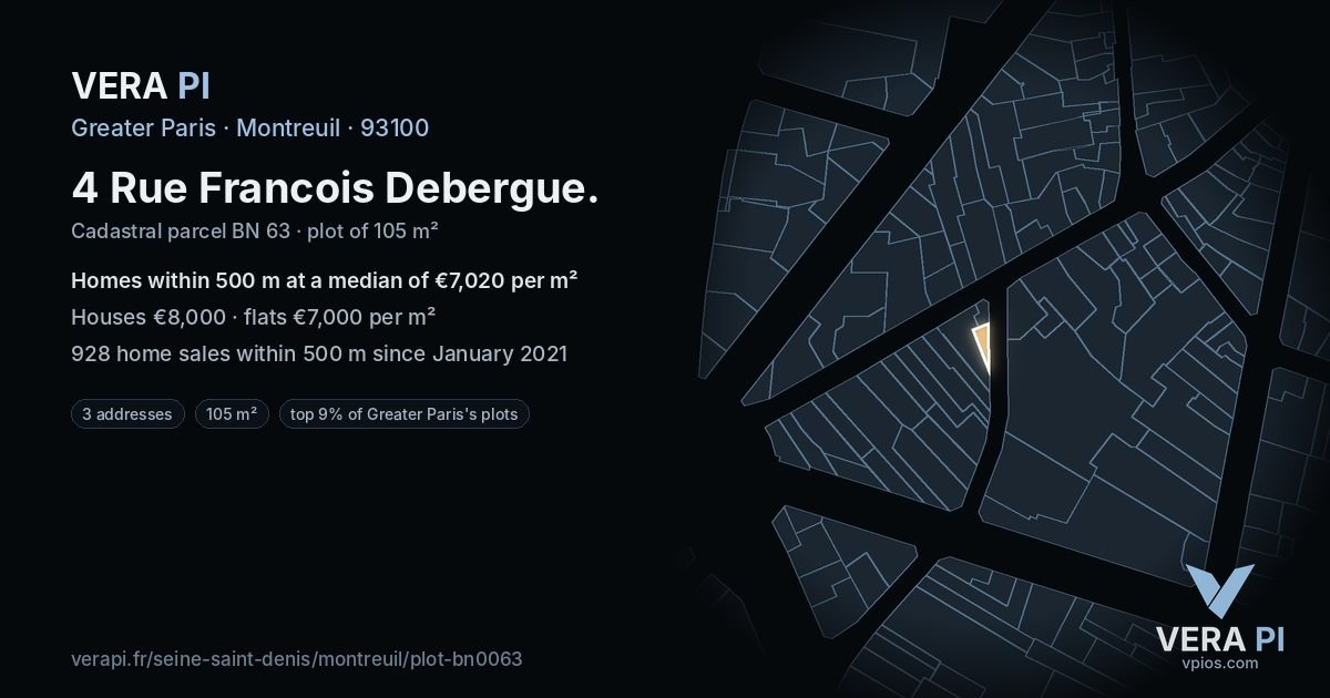 4 Rue Francois Debergue, Montreuil at night – the plot lit, the parcels around coloured by the prices near them