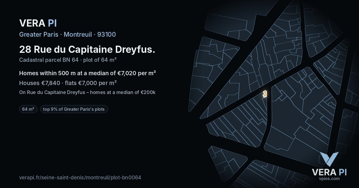 28 Rue du Capitaine Dreyfus, Montreuil at night – the plot lit, the parcels around coloured by the prices near them