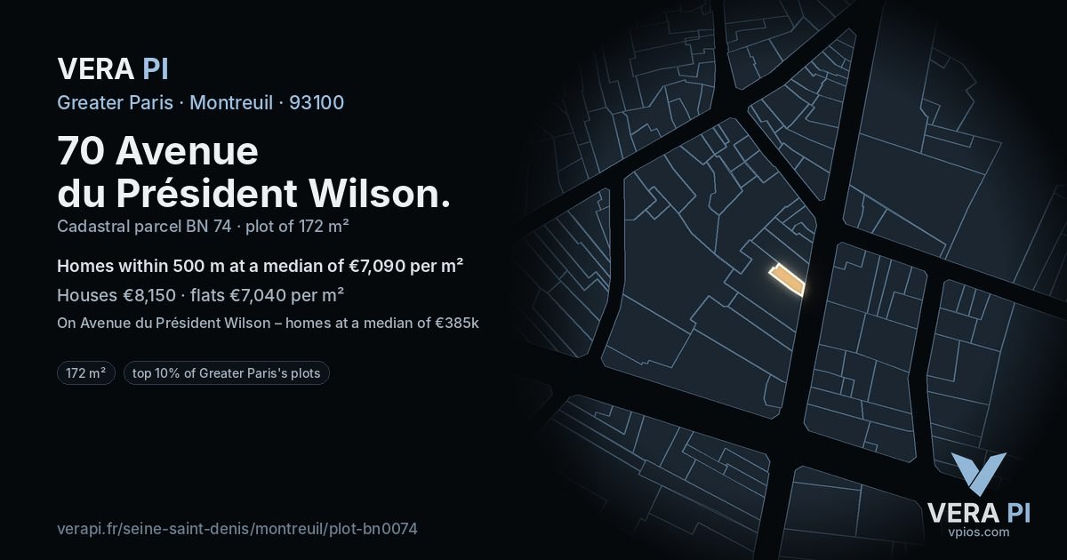 70 Avenue du Président Wilson, Montreuil at night – the plot lit, the parcels around coloured by the prices near them