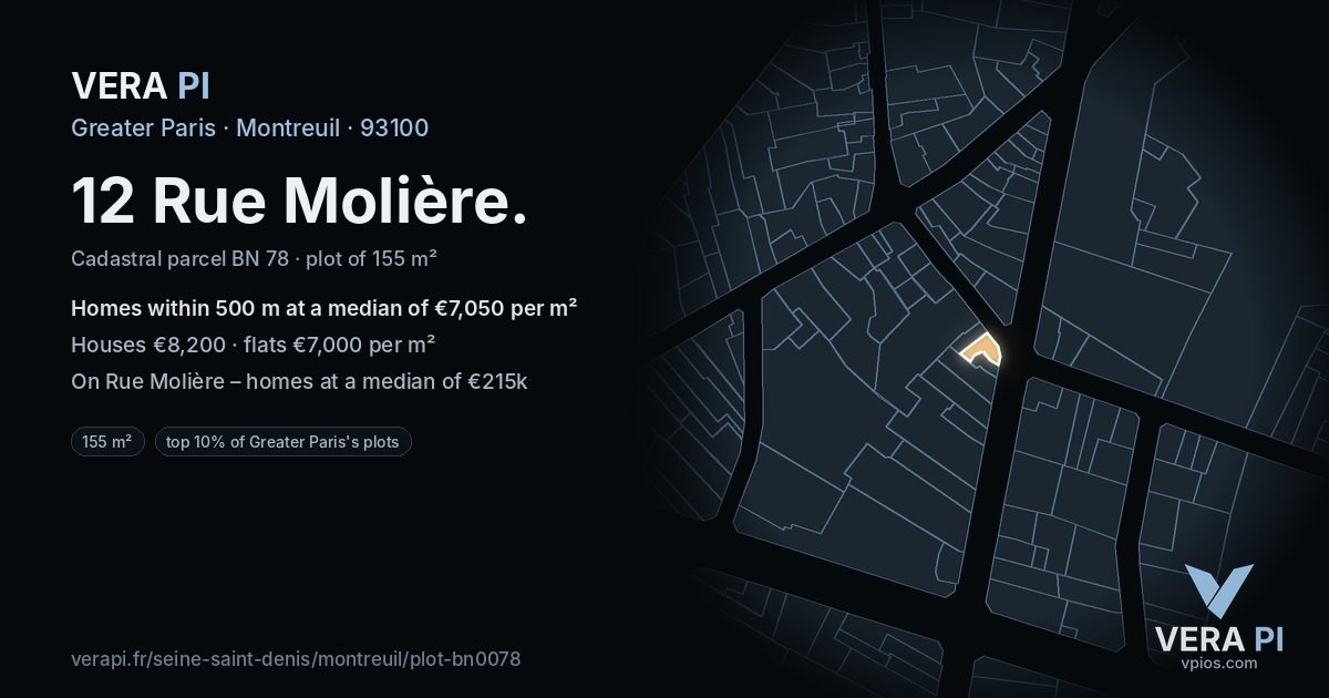 12 Rue Molière, Montreuil at night – the plot lit, the parcels around coloured by the prices near them