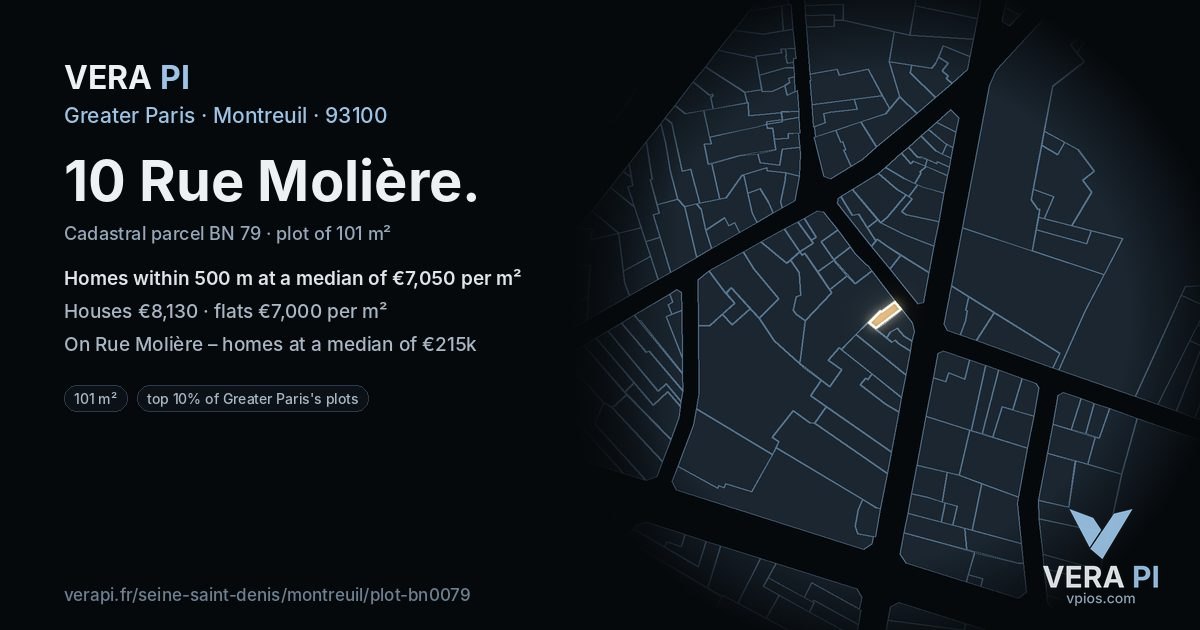 10 Rue Molière, Montreuil at night – the plot lit, the parcels around coloured by the prices near them