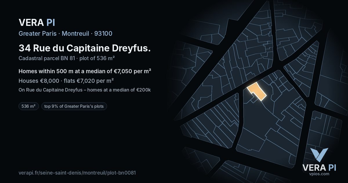 34 Rue du Capitaine Dreyfus, Montreuil at night – the plot lit, the parcels around coloured by the prices near them