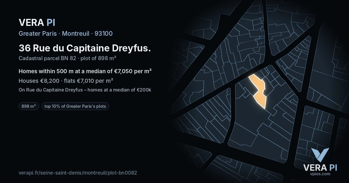 36 Rue du Capitaine Dreyfus, Montreuil at night – the plot lit, the parcels around coloured by the prices near them