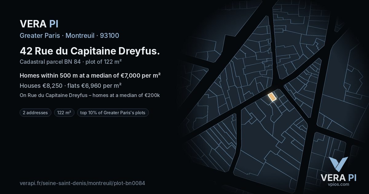 42 Rue du Capitaine Dreyfus, Montreuil at night – the plot lit, the parcels around coloured by the prices near them