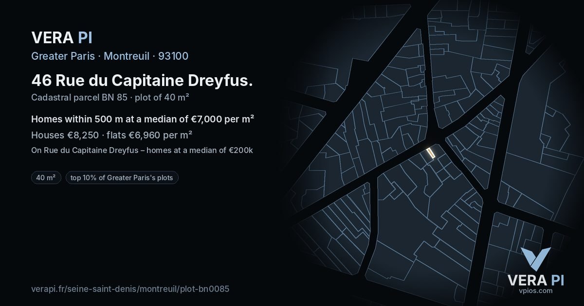 46 Rue du Capitaine Dreyfus, Montreuil at night – the plot lit, the parcels around coloured by the prices near them
