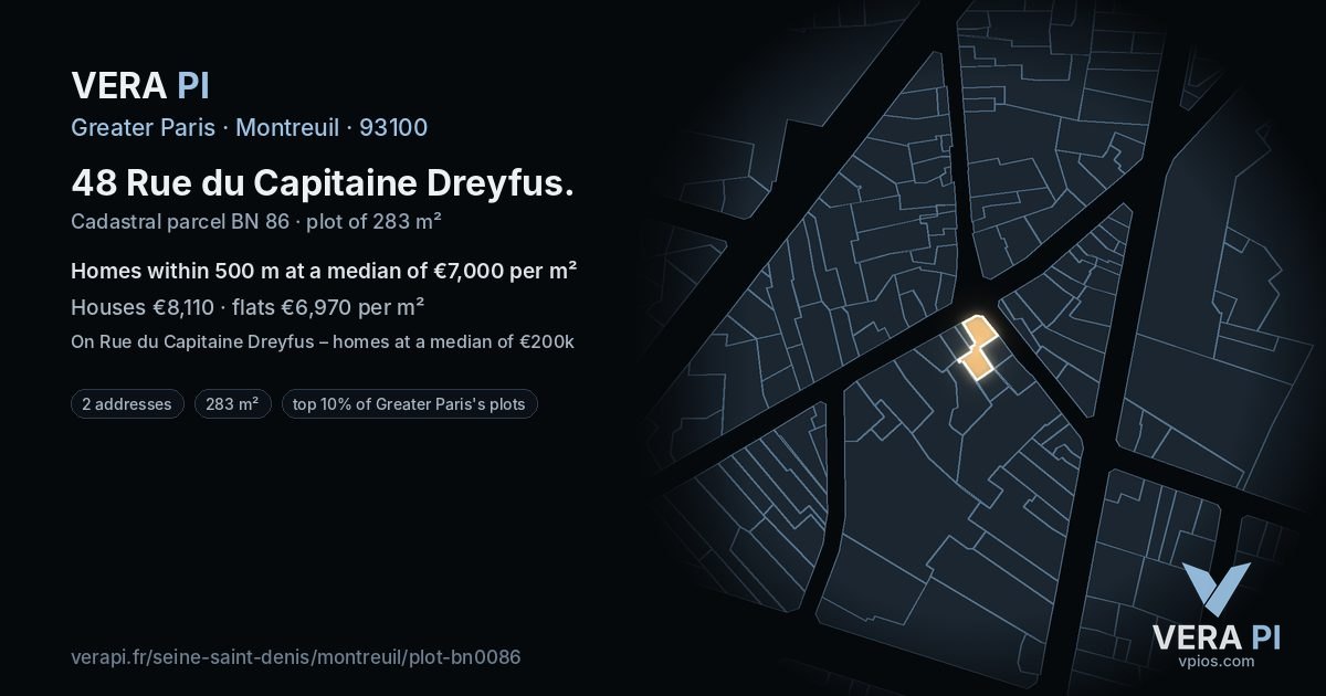 48 Rue du Capitaine Dreyfus, Montreuil at night – the plot lit, the parcels around coloured by the prices near them
