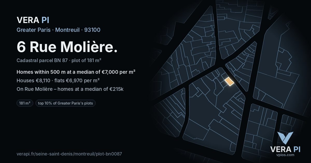 6 Rue Molière, Montreuil at night – the plot lit, the parcels around coloured by the prices near them