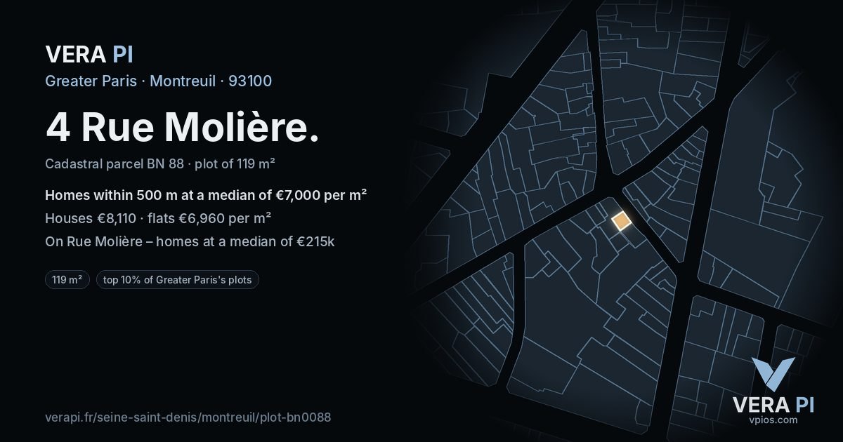 4 Rue Molière, Montreuil at night – the plot lit, the parcels around coloured by the prices near them