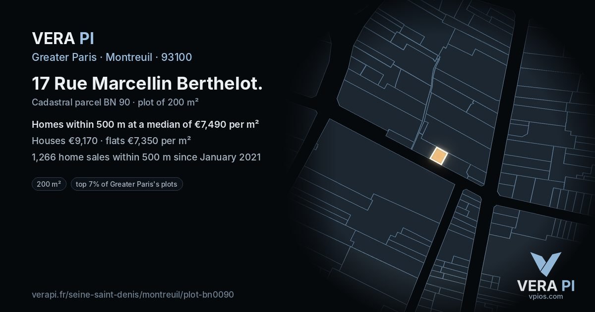 17 Rue Marcellin Berthelot, Montreuil at night – the plot lit, the parcels around coloured by the prices near them