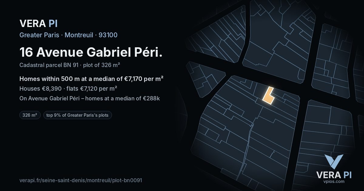16 Avenue Gabriel Péri, Montreuil at night – the plot lit, the parcels around coloured by the prices near them