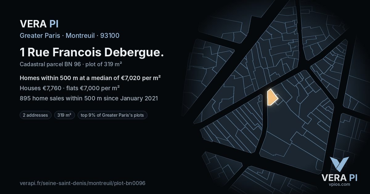 1 Rue Francois Debergue, Montreuil at night – the plot lit, the parcels around coloured by the prices near them