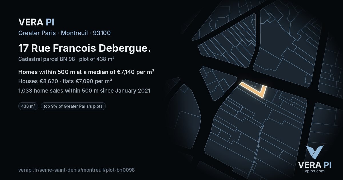 17 Rue Francois Debergue, Montreuil at night – the plot lit, the parcels around coloured by the prices near them