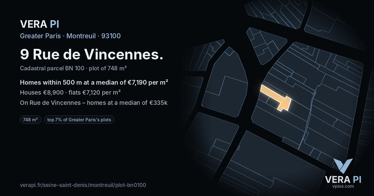 9 Rue de Vincennes, Montreuil at night – the plot lit, the parcels around coloured by the prices near them