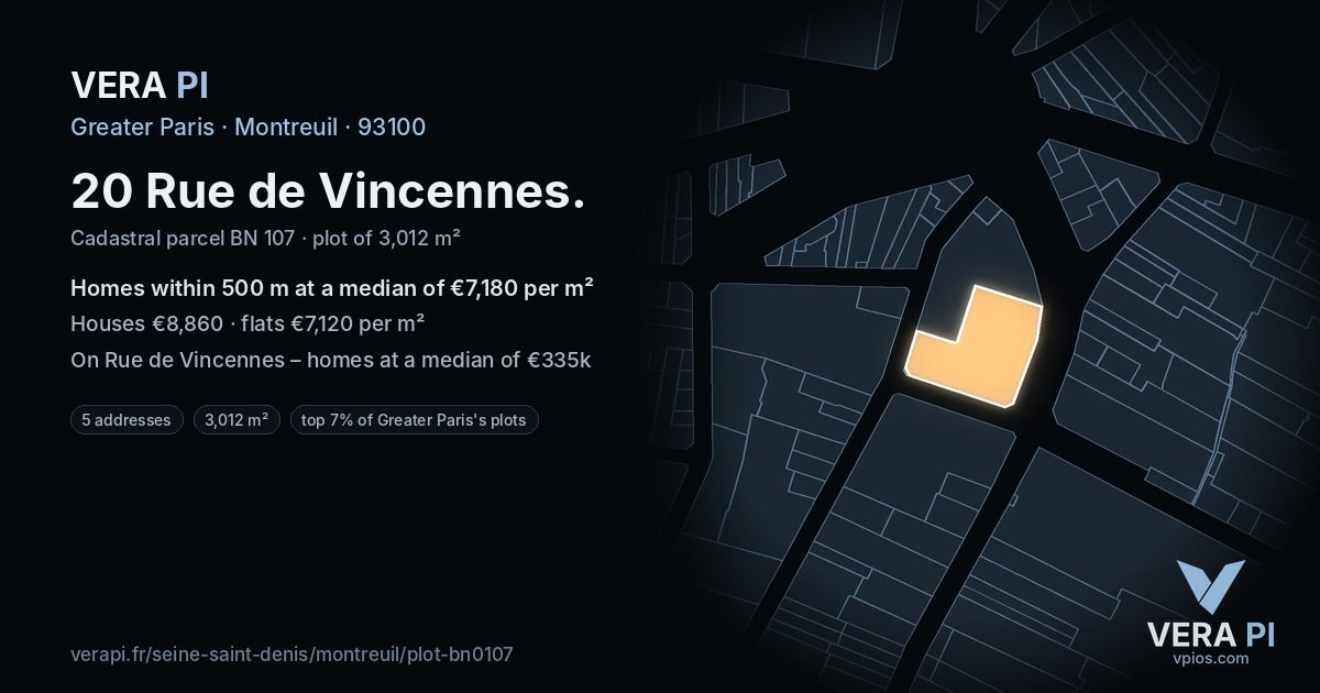 20 Rue de Vincennes, Montreuil at night – the plot lit, the parcels around coloured by the prices near them