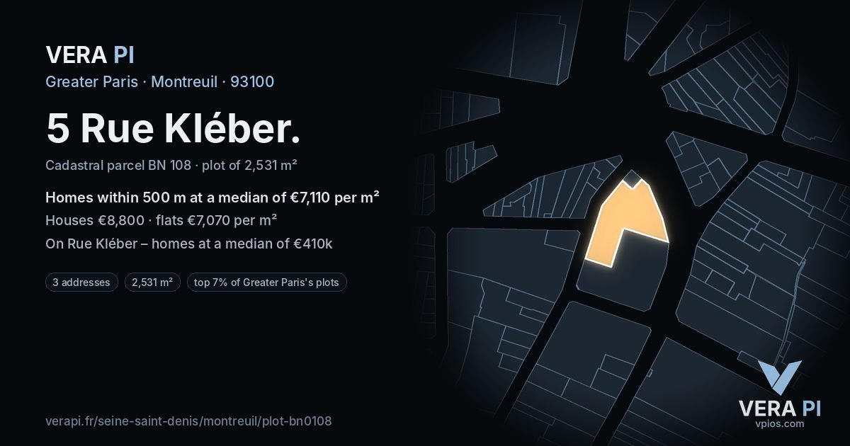 5 Rue Kléber, Montreuil at night – the plot lit, the parcels around coloured by the prices near them