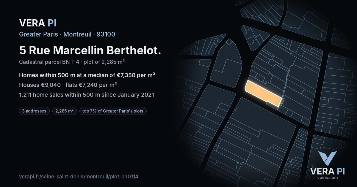 5 Rue Marcellin Berthelot, Montreuil at night – the plot lit, the parcels around coloured by the prices near them