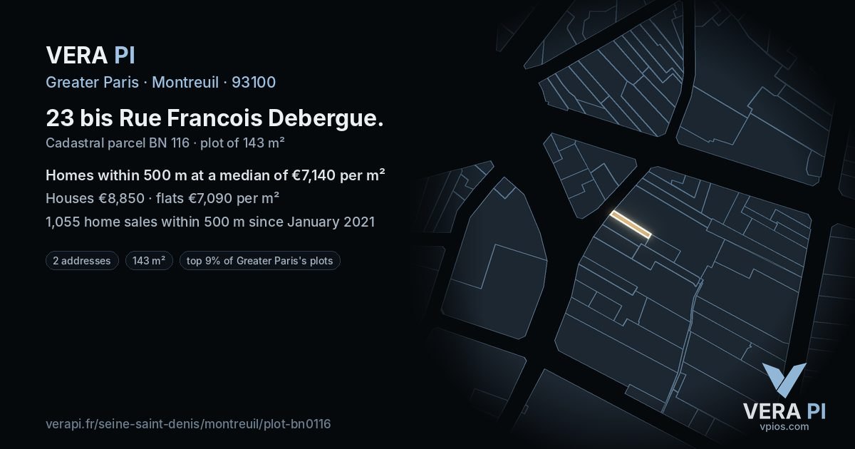 23 bis Rue Francois Debergue, Montreuil at night – the plot lit, the parcels around coloured by the prices near them
