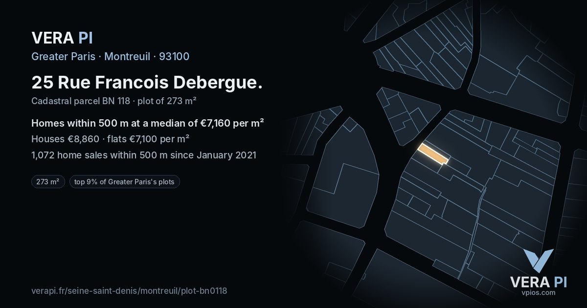 25 Rue Francois Debergue, Montreuil at night – the plot lit, the parcels around coloured by the prices near them